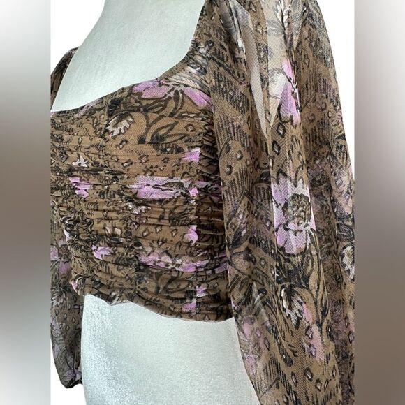 Free People Olive Green & Purple Floral Lilia Ruched Mesh Crop Top - Picture 7 of 13